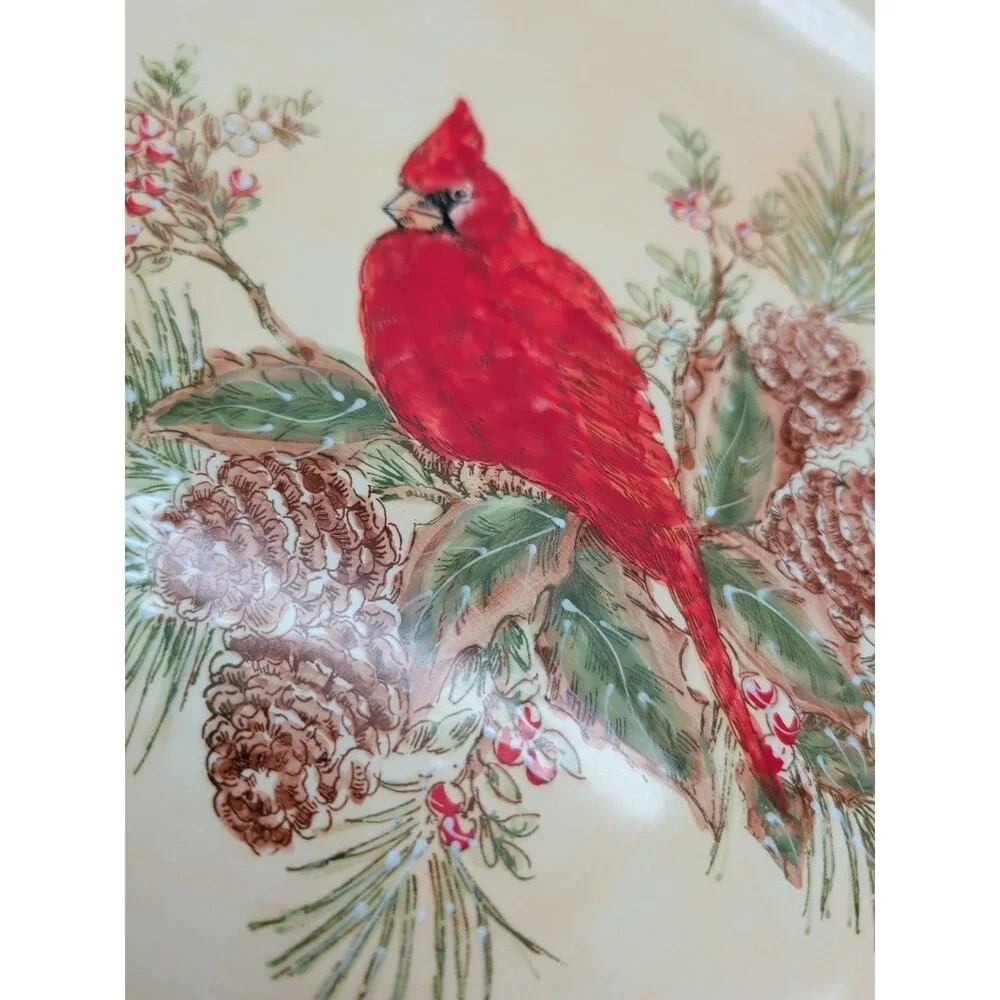 5 Pacific Rim Cardinal Dinner Plates Pine Boughs Cones Holly Berries Winter